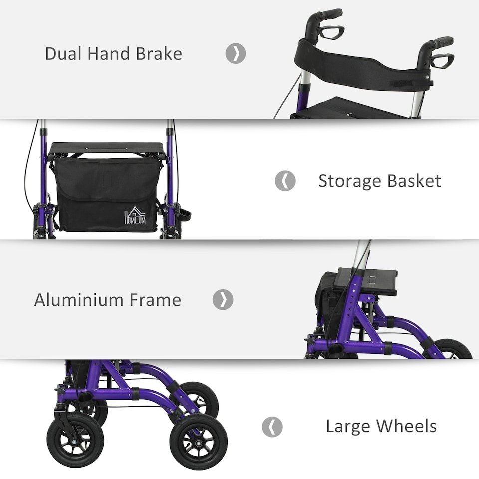 image 1 of HOMCOM Folding Rollator Walker with Seat, Backrest, Lightweight Walking Frame with Storage Bag, Dual Brakes, All-terrain Wheels, Adjustable Handle Height, 4 Wheeled Walker for Seniors, Purple