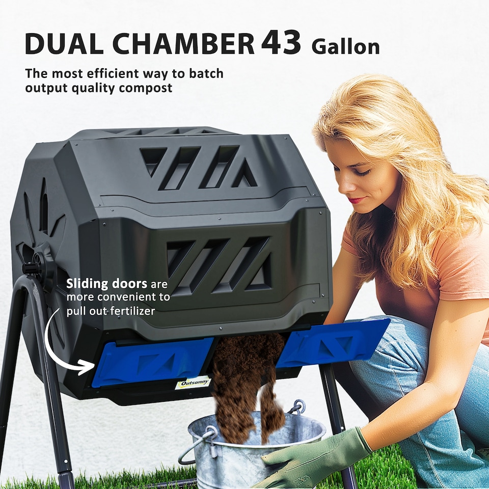 image 1 of (Blue, 160L) Outsunny Outdoor Tumbling Compost Bin with Dual Chamber