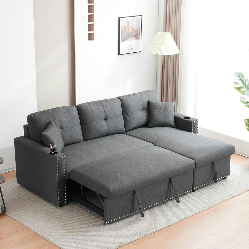 image 1 of Sofabed 3 Seater Reversible Sectional Sofa Sleeper Set with Storage Chaise, Built-in Cupholder, Decorative Rivets, Pull-out Bed, and Light Grey Fabric Grey
