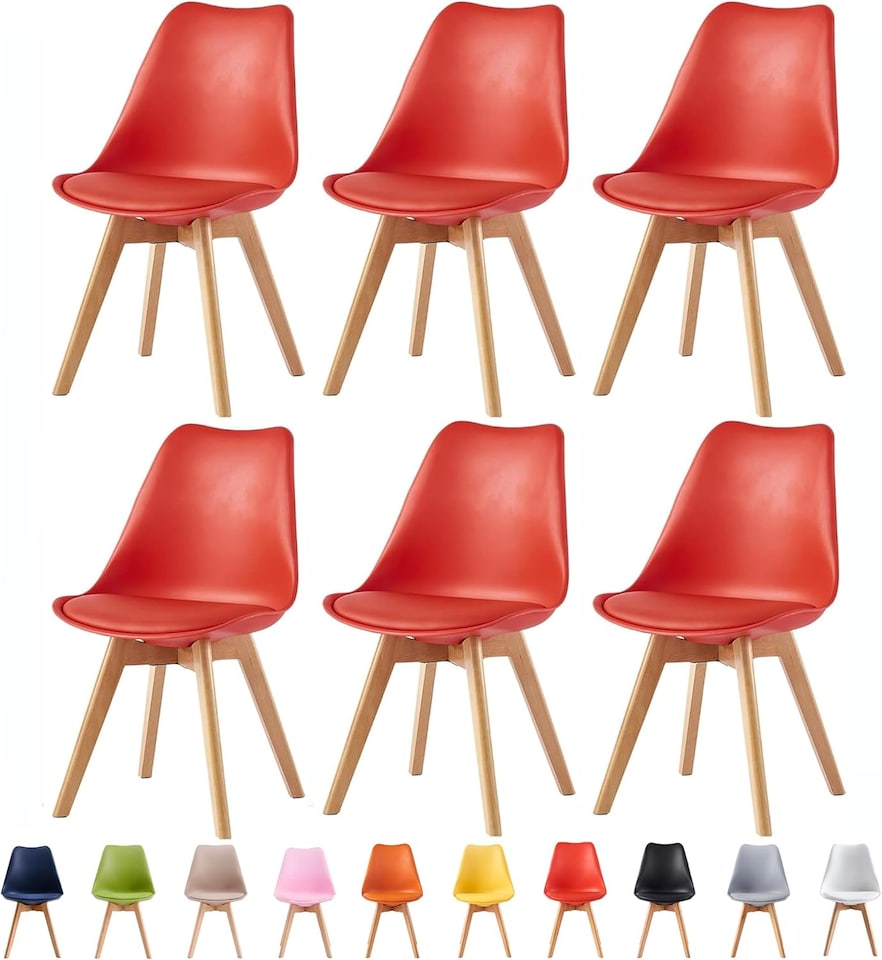 image 1 of Set of 6 Dining Chairs with Solid Wooden Legs and Seat Cushion Pads in Red - Eva by MCC