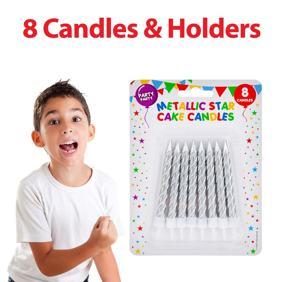 image 1 of PMS 8-Pack Metallic Silver Birthday Cake Candles 75mm