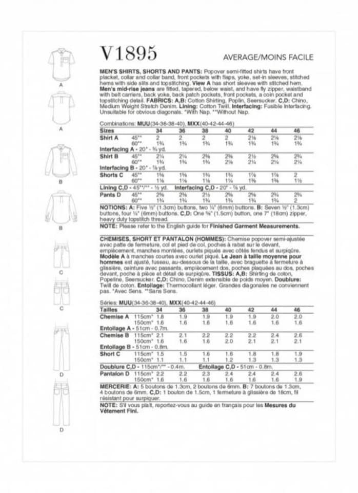 image 1 of Vogue 1895 Paper Sewing Pattern – Men’s Shirts, Shorts & Trousers, Sizes Mxx (40–42–44–46), Intermediate