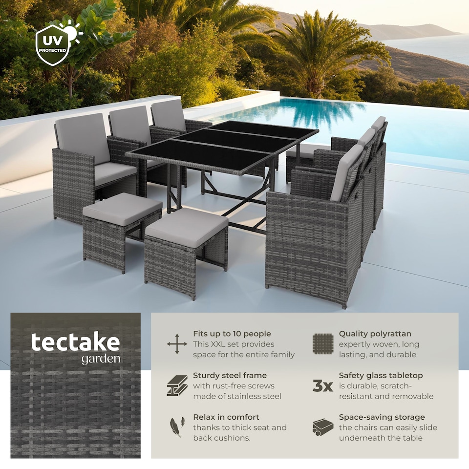image 1 of Garden Table and Chairs Malaga - 10 seats with cushions, dining table, rain cover | Grey | grey | 53 x 53 x 87 cm | 1