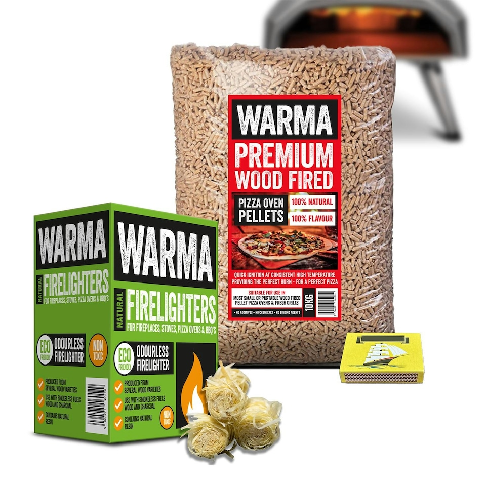 image 1 of Warma Pizza Oven Pellet Bundle - 10kg Bag, 1 x Box Eco Wood Wool Firelighters & Matches