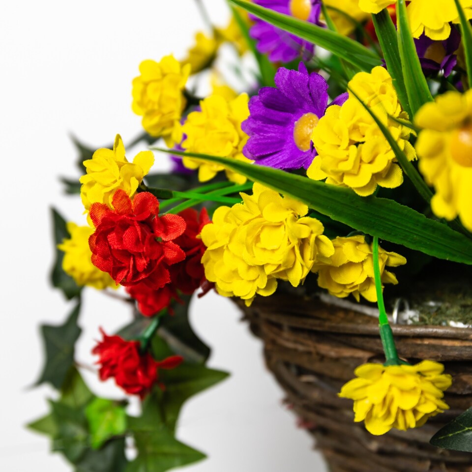 image 1 of Artificial Wildflower Flowers Rattan Hanging Basket Decoration Purple Yellow and Orange 25cm