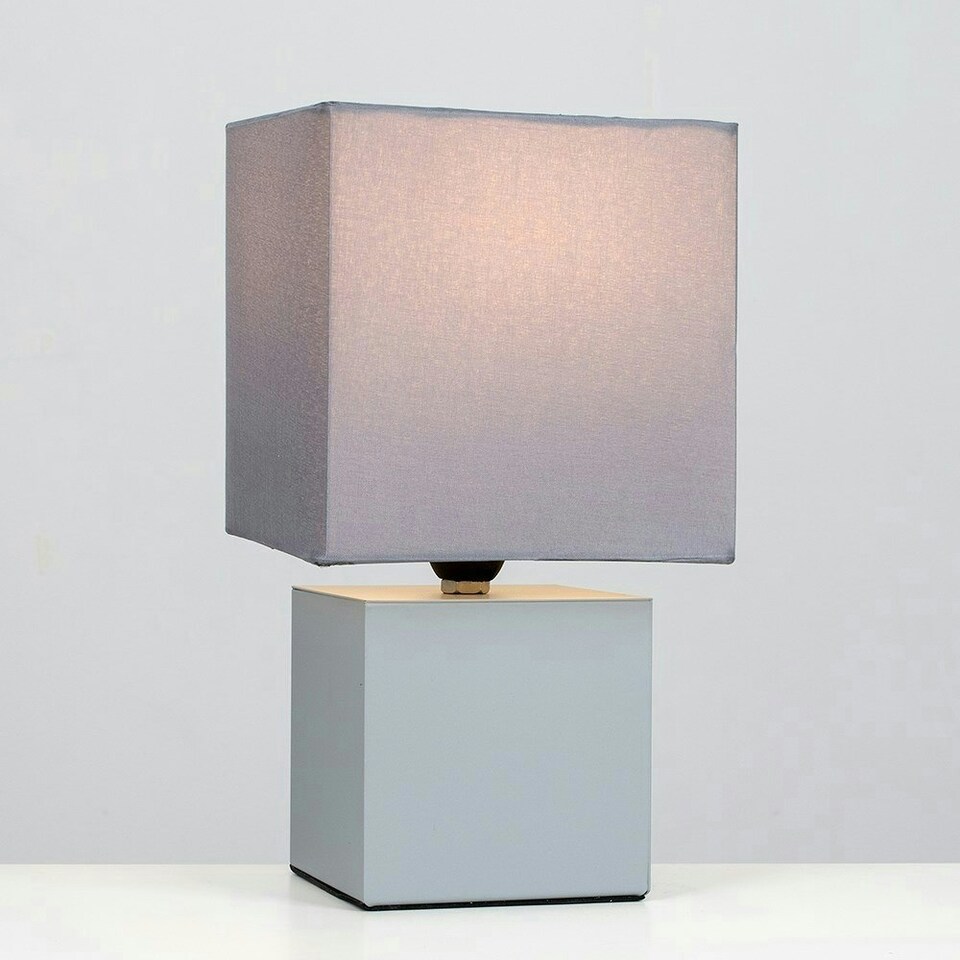 image 1 of ValueLights Cubbie 2 x Grey Cube Design Touch Dimmer Bedside Table Lamps with Grey Shades and 5w Dimmable LED Candle Bulb
