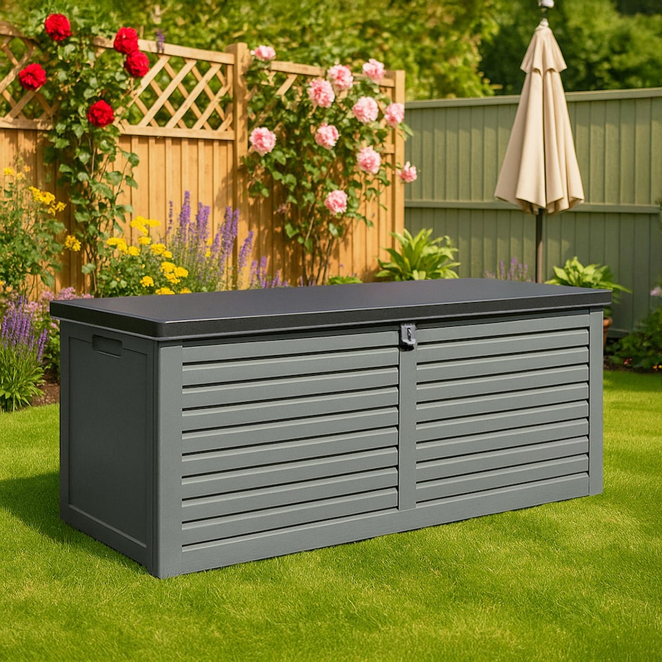 JSH 390L Garden Storage Box Waterproof Wood-Effect Plastic Outdoor