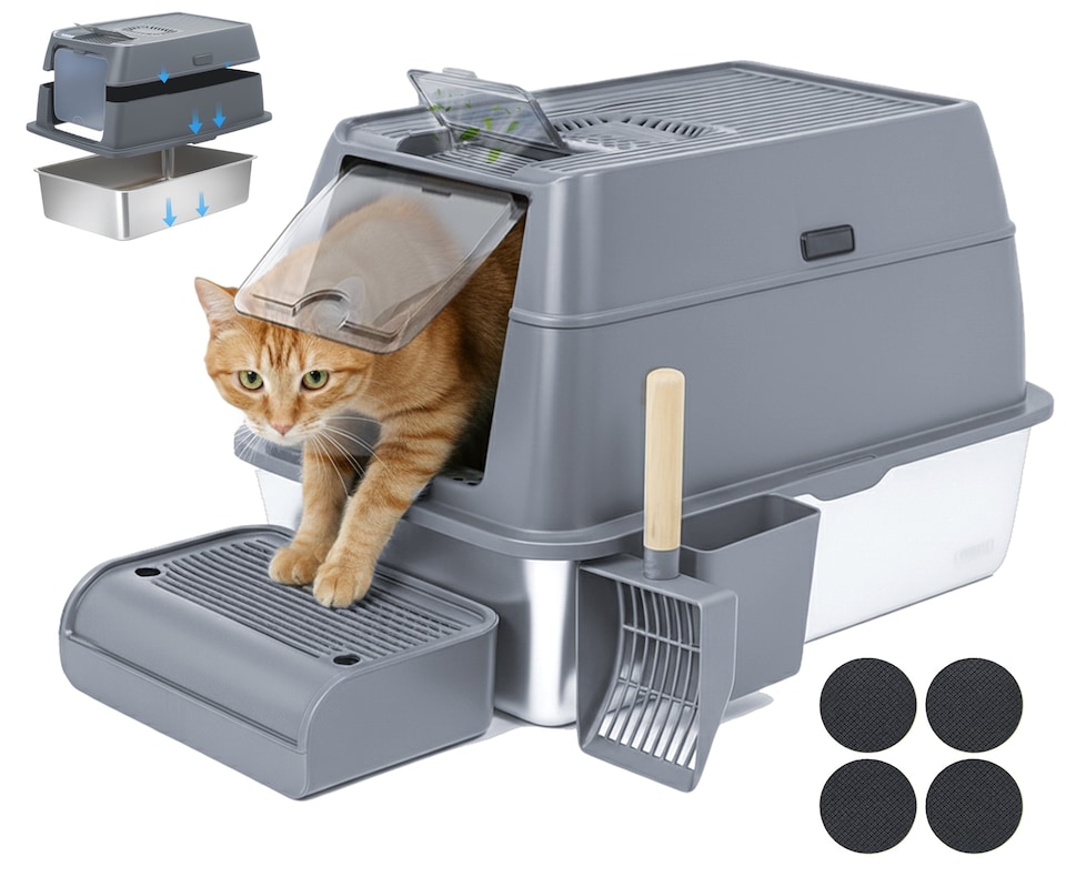 image 1 of IGAD XXL Stainless Steel Cat Litter Box – High Sides, Non-Stick, Easy Clean, Odour Control, Removable Lid & Scoop (Grey)