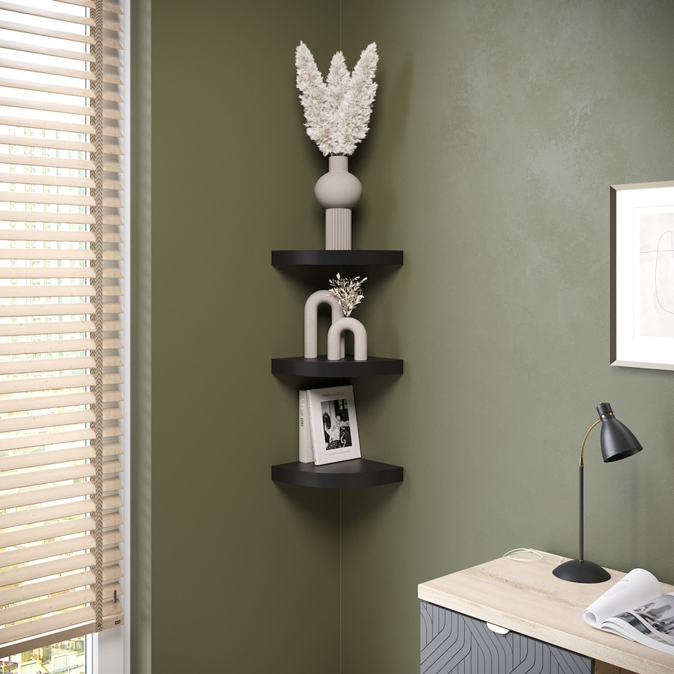 image 1 of Wooden Wall Mounted Floating Corner Shelf | Black | 1
