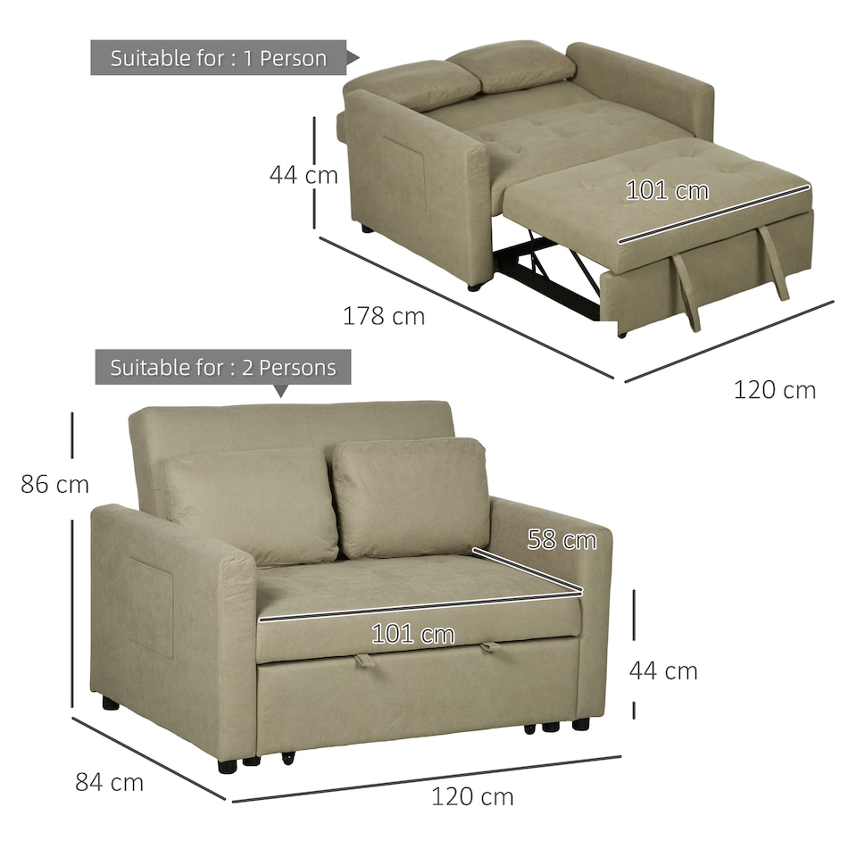 image 1 of HOMCOM 2 Seater Sofa Bed, 120 cm Convertible Bed Settee, Modern Fabric Loveseat Sofa Couch with 2 Cushions, Side Pockets for Living Room, Guest Room, Light Brown