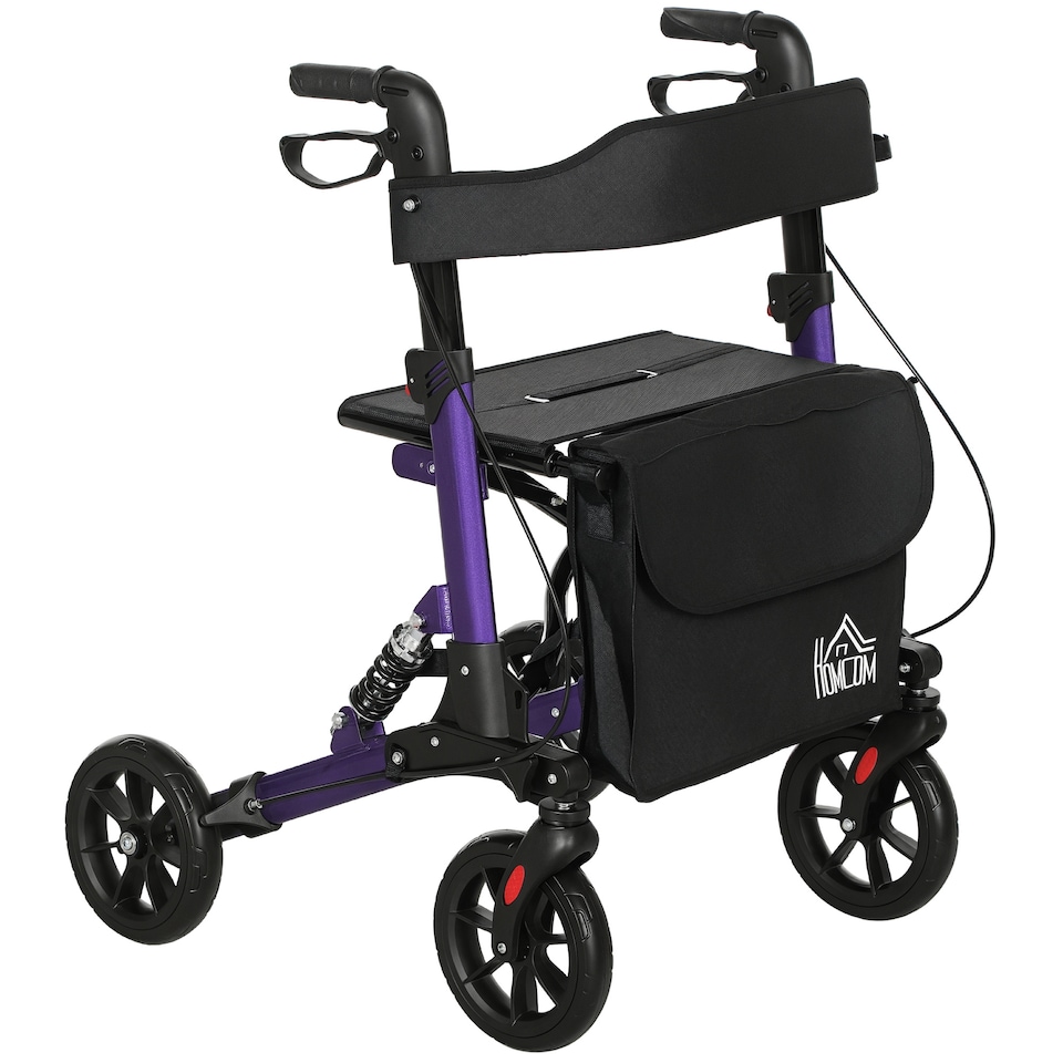 image 1 of HOMCOM Folding Rollator Walker with Seat, Backrest, Lightweight Walking Frame with Storage Bag, Dual Brakes, Adjustable Handle Height, Suspension System, 4 Wheeled Walker for Seniors, Purple