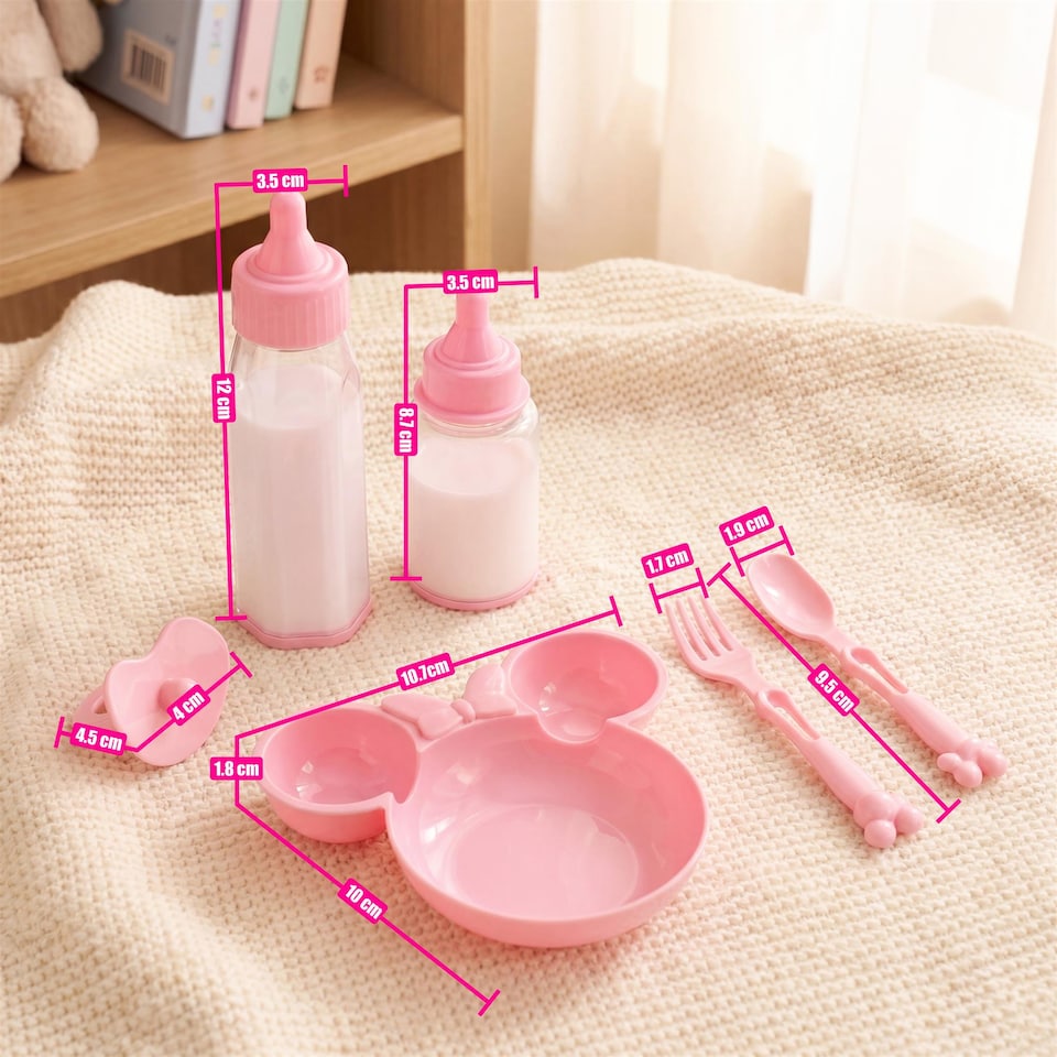 image 1 of BiBi Doll Feeding Set 6 Pc Baby Doll Accessory Playset Pink Plate Utensils