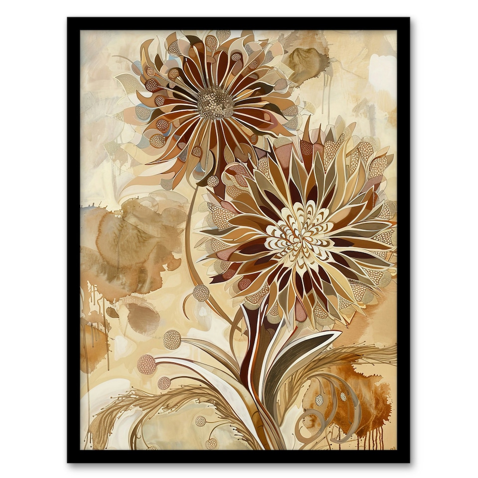image 1 of Abstract Earthy Wildflowers Floral Mandala Black Framed Wall Art Print A4