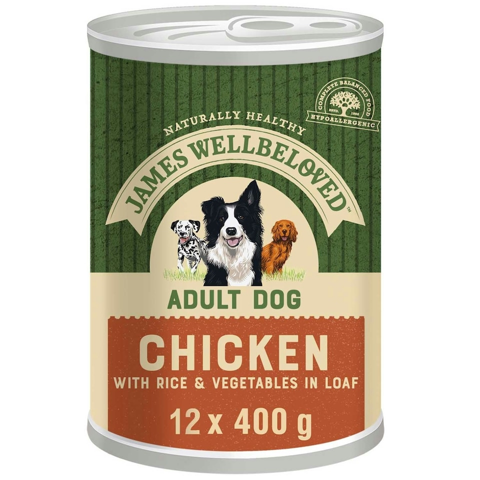 image 1 of James Wellbeloved Adult Wet Dog Food Tins Chicken & Rice In Loaf 12 x 400g