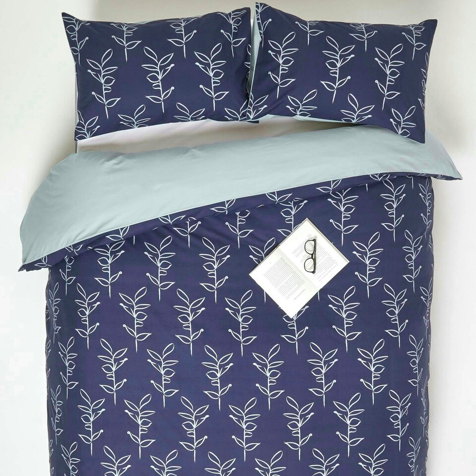 image 1 of Homescapes Blue Leaf Digitally Printed Cotton Duvet Cover Set - Super King Blue | Super King