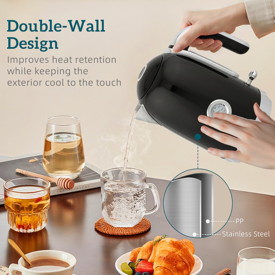 image 1 of HOMCOM Kettle and Toaster Set with Temperature Gauge, 1.7L 3000W Rapid Boil Jug Kettle with Otter Thermostat, Limescale Filter, 2 Slice Toaster with 7 Browning Controls, Crumb Tray, Black | Black