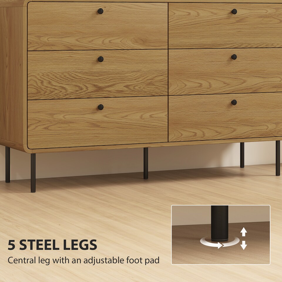 image 1 of HOMCOM Bedroom Chest of Drawers, Modern 6 Drawer Dresser with Rounded Corners and Steel Legs for Living Room, Hallway, Entryway, Oak