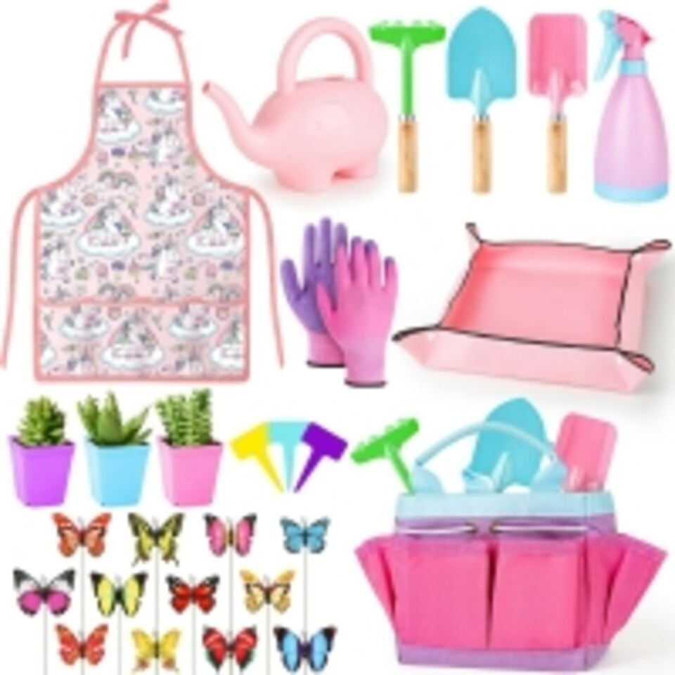 image 1 of Kids Gardening Tool Set – Toddler Garden Toys with Apron, Shovel, Gloves, Watering Can, Tote & Accessories – Outdoor Educational Gift for Boys & Girls