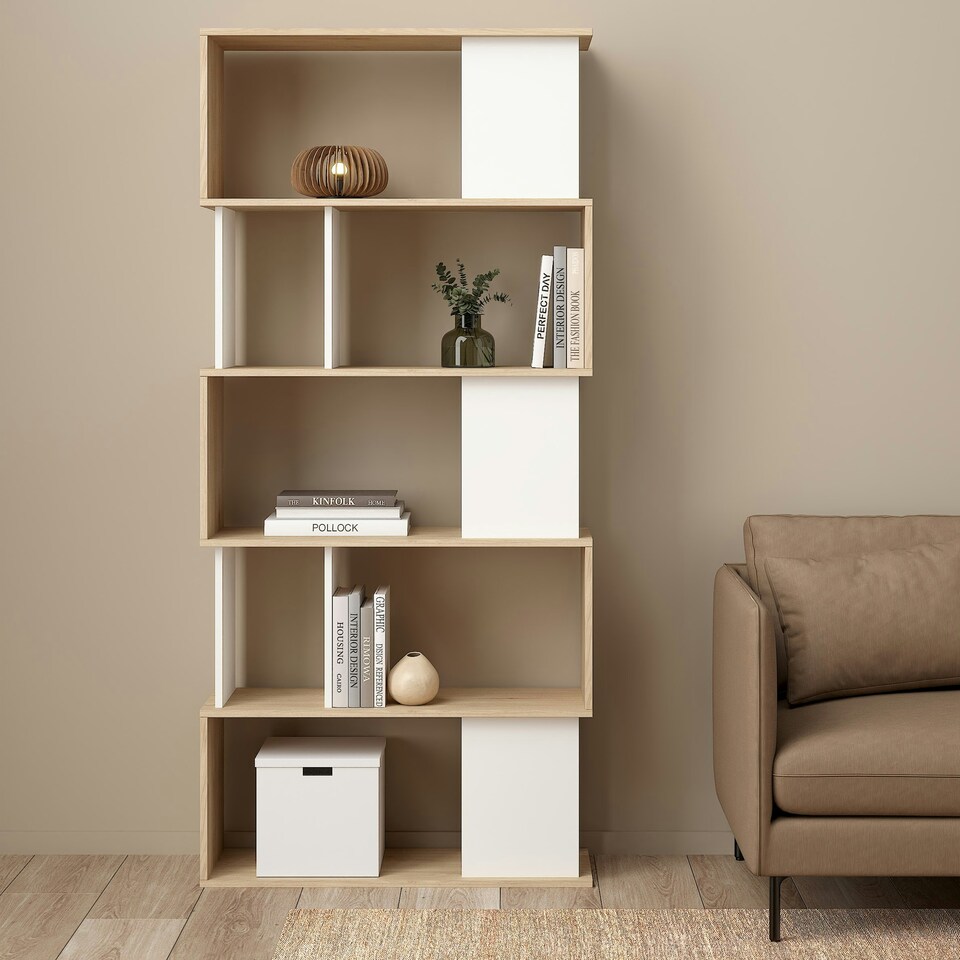 image 1 of Maze Open Bookcase 4 Shelves in Jackson Hickory Oak and White