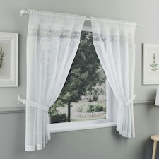Lucy White Embroidered Heart Design Window Set 140 x 106 cm Rod Pocket Window Set with Frill Edging and 2 Matching Tie Backs