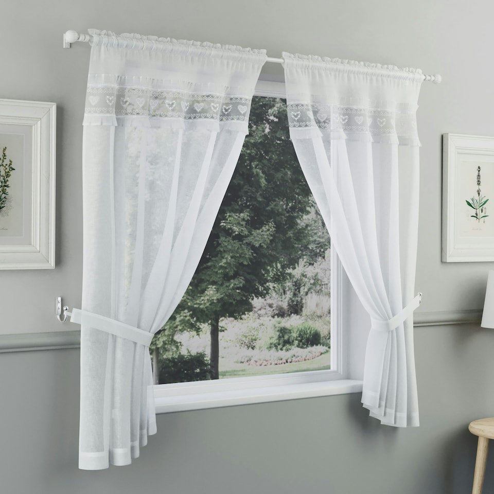 image 1 of Lucy White Embroidered Heart Design Window Set 140 x 106 cm Rod Pocket Window Set with Frill Edging and 2 Matching Tie Backs