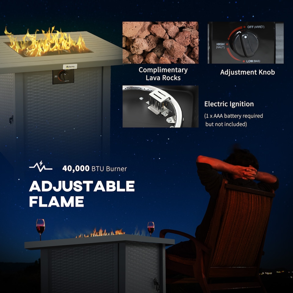 image 1 of Outsunny Rattanstyle Propane Gas Fire Pit Table with 40,000 BTU Burner, Square Smokeless Firepit Patio Heater with Thermocouple, Lava Rocks, Waterproof Cover, Spark Guard and Lid | Grey | Grey | 71L x 71W x 63H cm