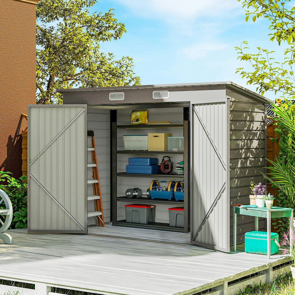 image 1 of Outsunny 8 x 4FT Metal Garden Storage Shed with Double Doors, Light Grey 