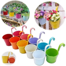 Large Metal Flower Pot Vase Bucket Hanging Garden Planter without Drainage Hole, Balcony Home Decor, Detachable Hook Multi