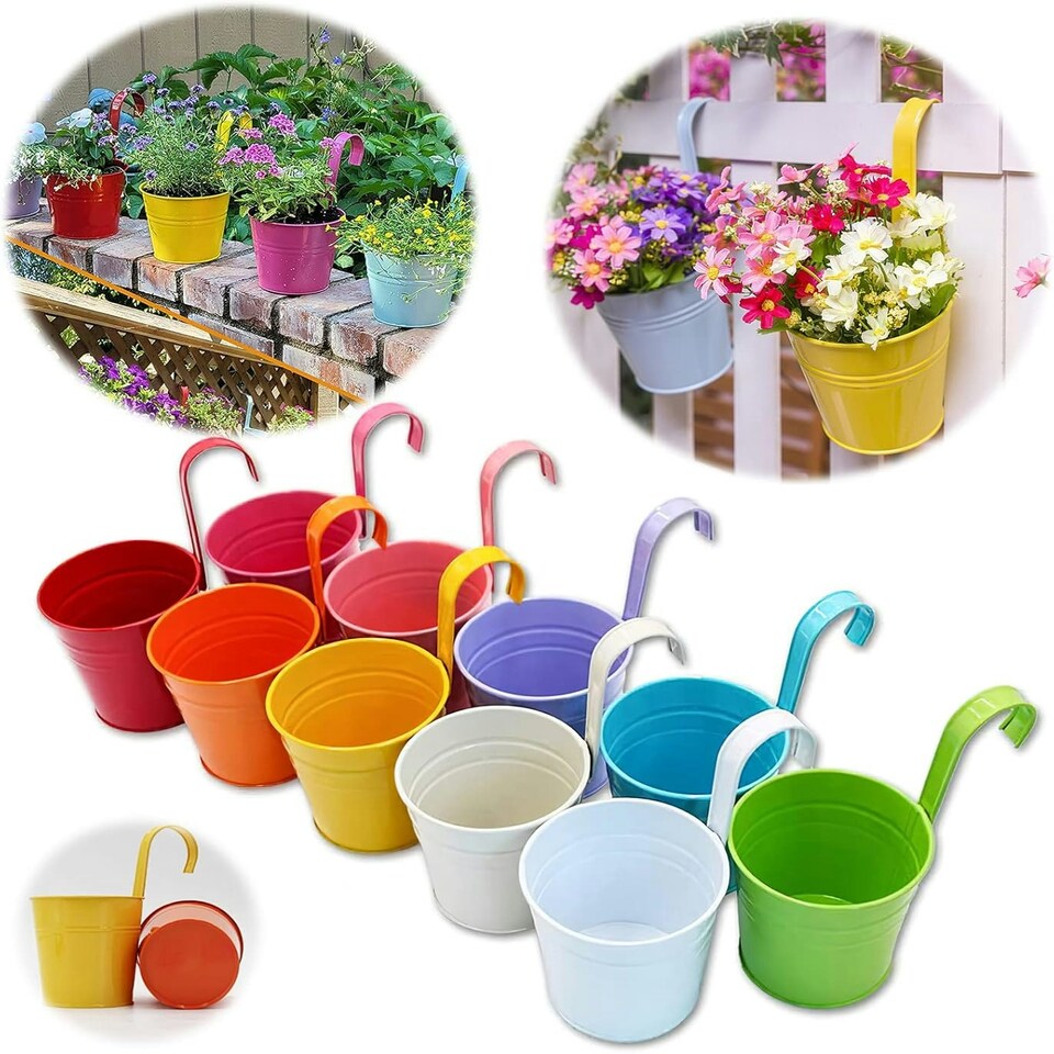 image 1 of Large Metal Flower Pot Vase Bucket Hanging Garden Planter without Drainage Hole, Balcony Home Decor, Detachable Hook Multi