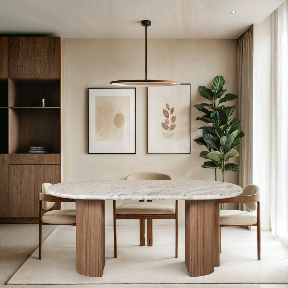 image 1 of Bundi Natural Marble & Wood Pedestal 6-8 Seater Dining Table Brown