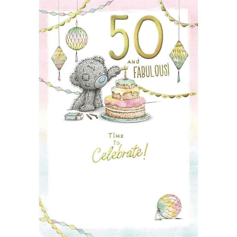 image 1 of Bear Lighting Candle On Cake 50th Birthday Card