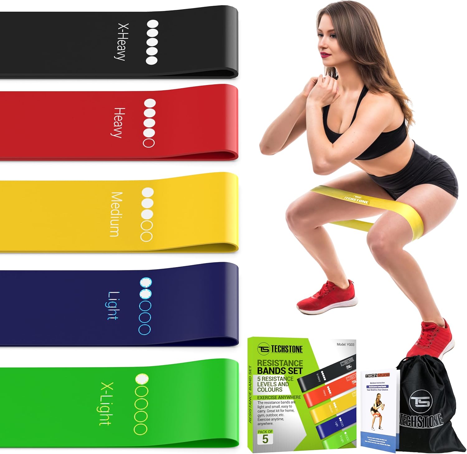 TechStone Resistance Bands Set for Men and Women, Pack of 5 Different Resistance Levels Elastic Band for Home Gym Long Exercise Workout – Great Fitness Equipment for Training