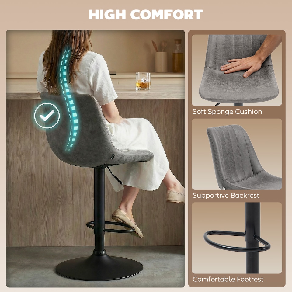 image 1 of HOMCOM Bar Stools Set of 2 Adjustable Swivel Bar Chairs with Backrest Grey