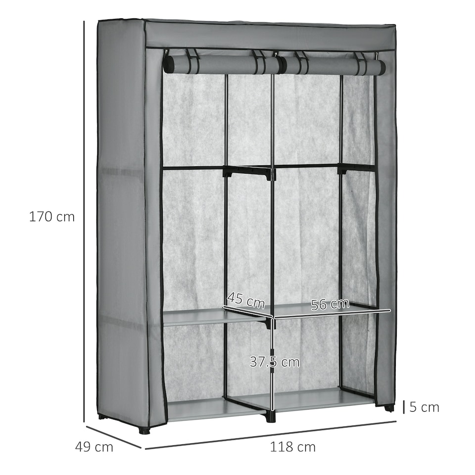 image 1 of HOMCOM Fabric Wardrobe w/ 4 Shelves 2 Hanging Rails Foldable Closets Light Grey