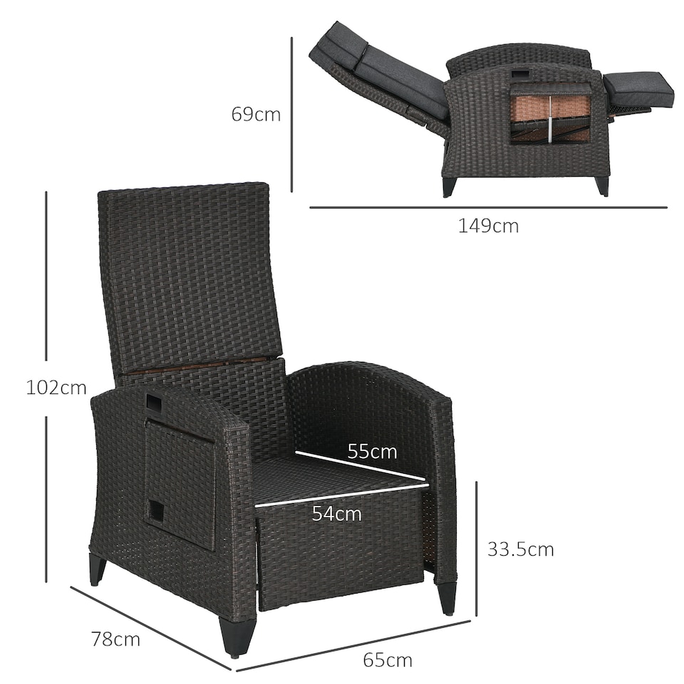 image 1 of Outsunny Garden Recliner w/ Cushion, Reclining Rattan Chair, Dark Grey/Brown
