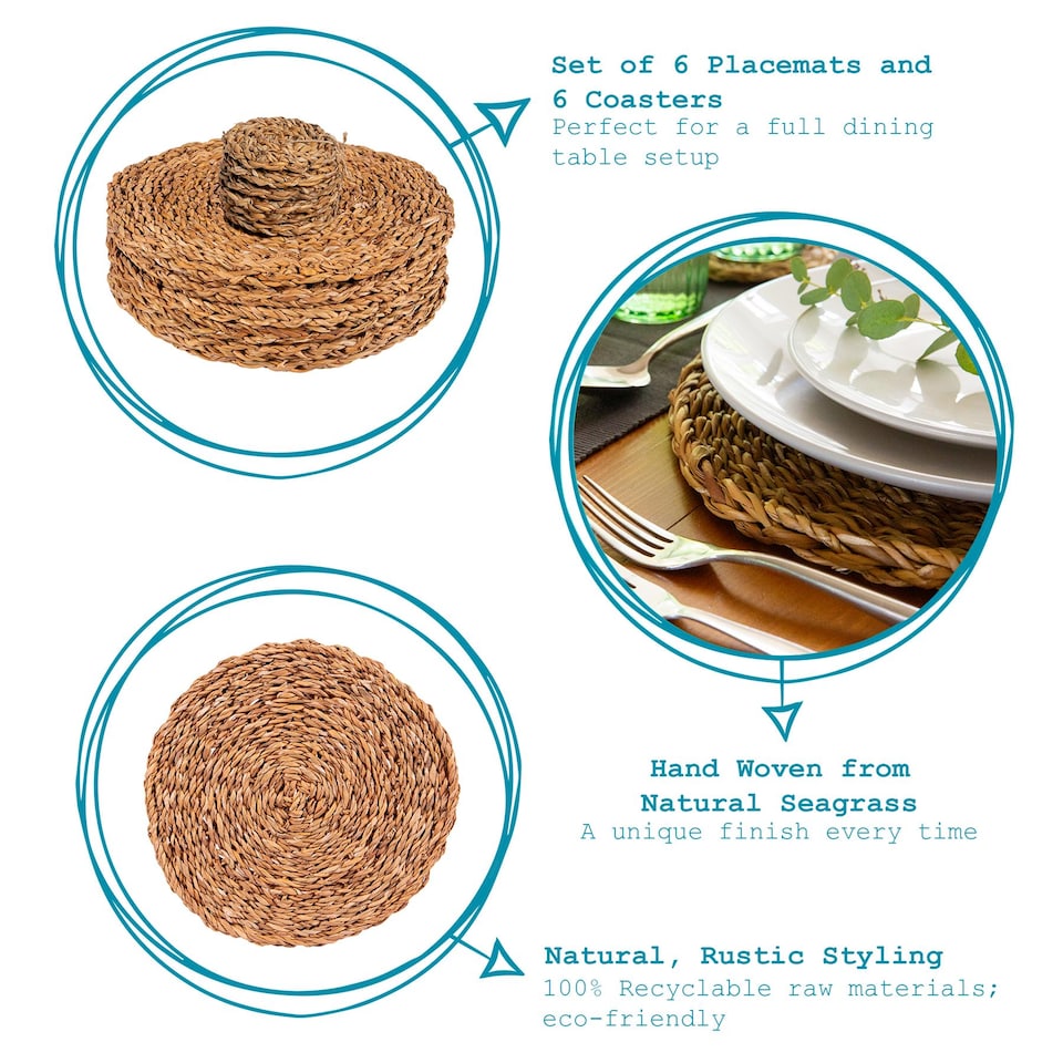 image 1 of Argon Tableware 12pc Round Placemats & Coasters Set - Woven Seagrass Kitchen Dining Table Mats Drinks Coaster Protector Mats | Brown | Brown | One Size | 12