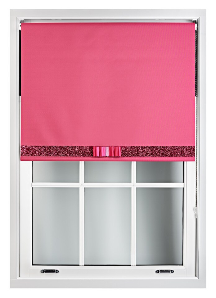 image 1 of FURNISHED Blackout Roller Blind with Fuchsia Glitter Trim and Fuchsia Bow Cut to Size | Pink | Fuchsia | (W) 240cm x (L) 165cm