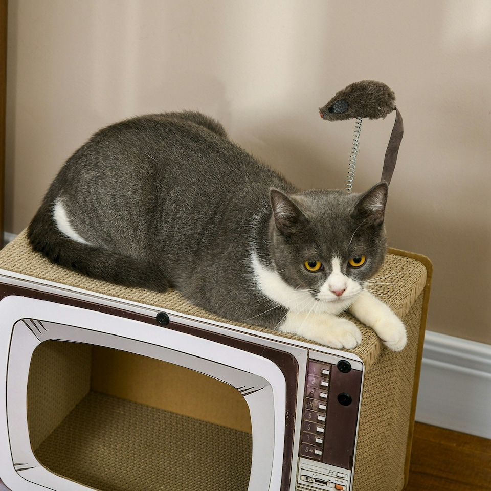 image 1 of PawHut TV-Shaped Cat House, Cardboard with Scratcher Catnip Toy Mouse