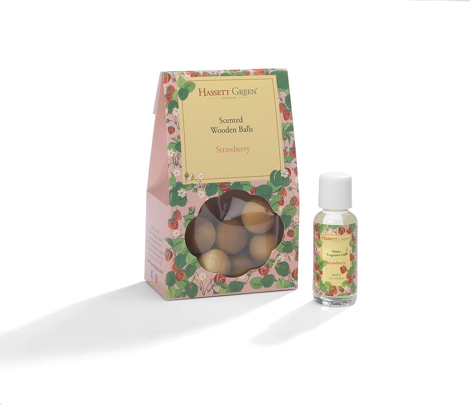 image 1 of Hassett Green London - Strawberry - Scented Wooden Balls Pack of 12 plus 30ml Bottle of Home Fragrance Oil for Refreshing - Alternative to Pot Pourri, Diffusers, Sachets and Drawer Liners