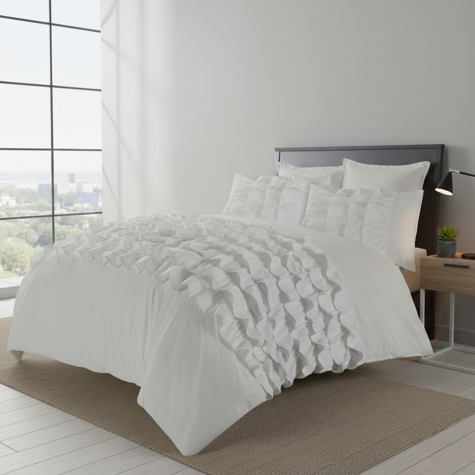 image 1 of Ruffle Border Duvet Cover Soft Elegant Bedding Set with Pillowcases | White | Double