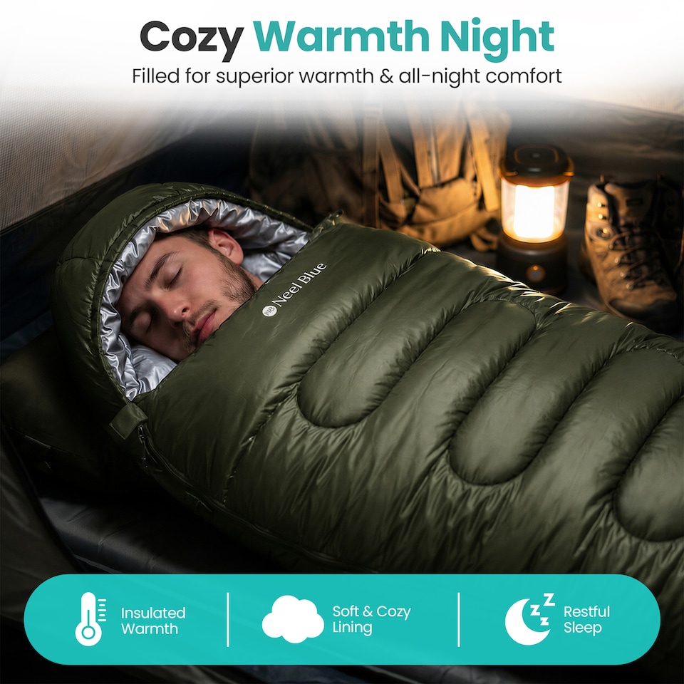 image 1 of 350GSM Mummy Waterproof Sleeping Bag with Hood, 6ft Adults - 3-4 Season