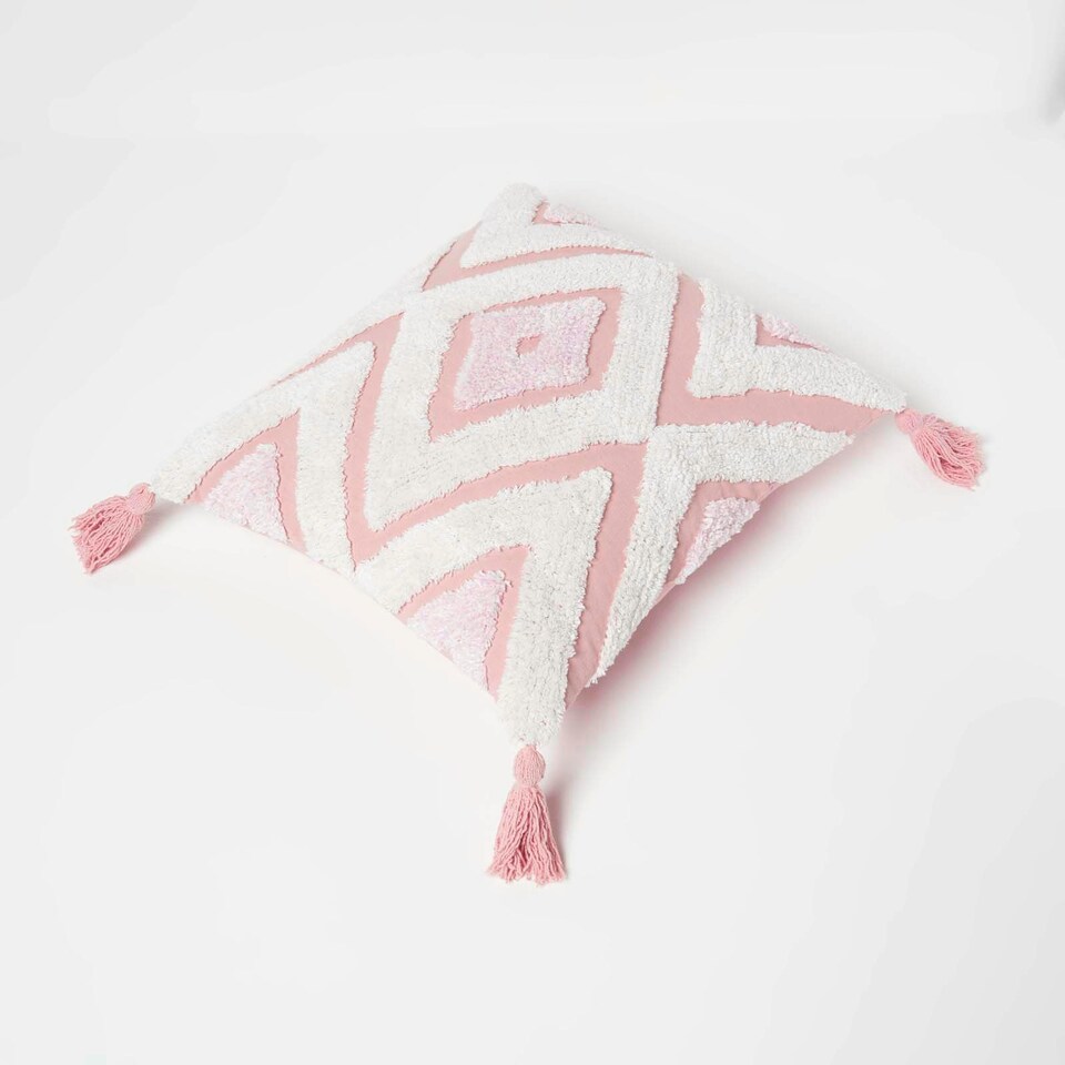 image 1 of Homescapes Geometric Ikat White & Pink Tufted Cotton Cushion with Tassels - 45 x 45 cm
