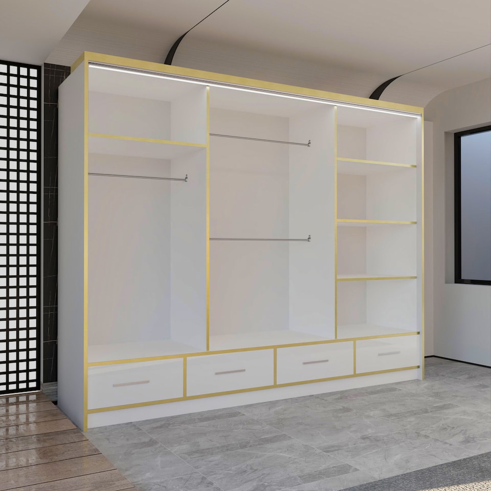 image 1 of Sliding Wardrobes 4U Sydney High Gloss Sliding Wardrobe with Mirror, LED & Drawers - 203cm or 253cm | White | White203 | 253cm