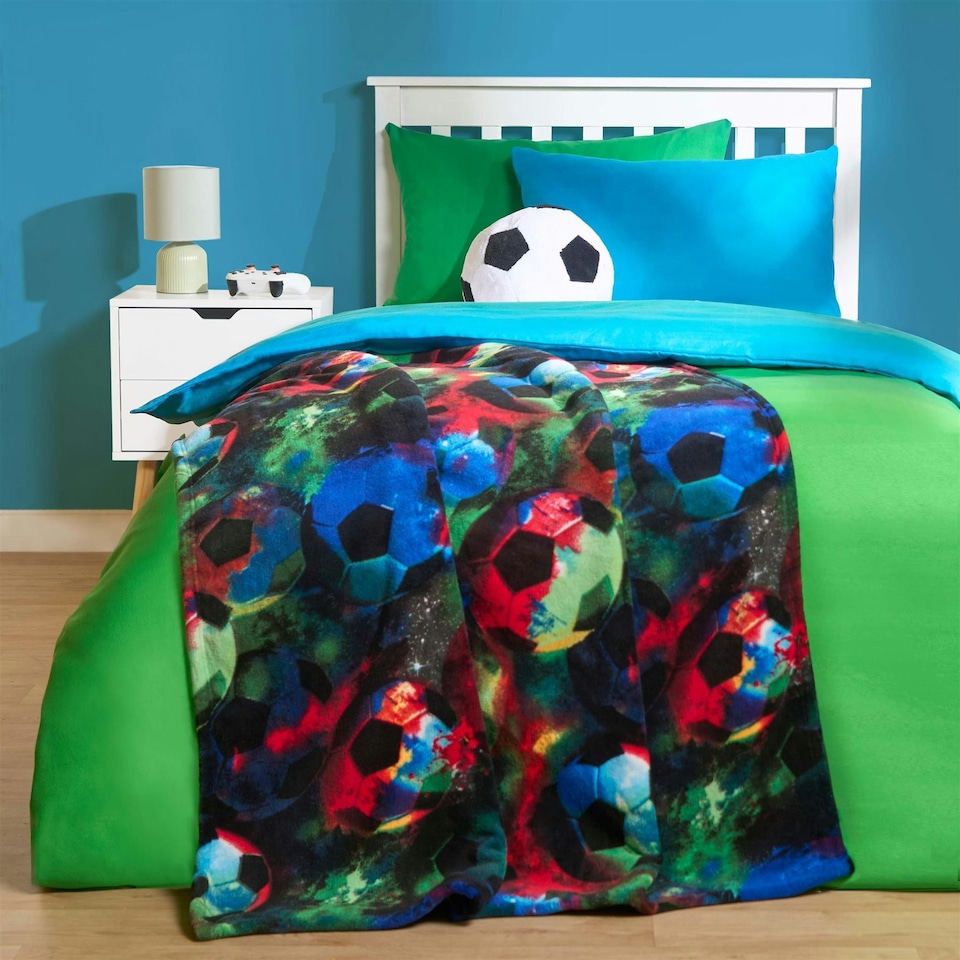 image 1 of OHS Kids Football Printed Throw Warm Plush Sherpa Flecce Reverse Over Bed Super Soft Blanket, 100x120cm | Multi | Neon Multi