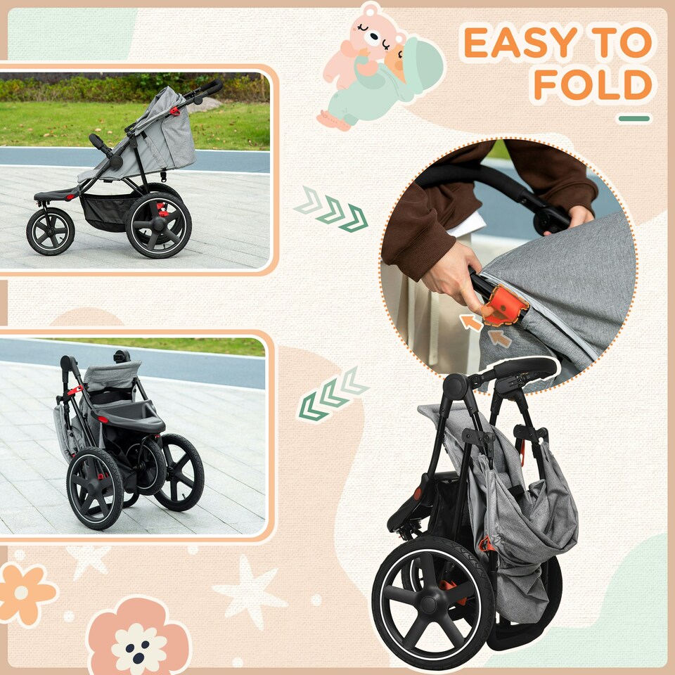 image 1 of HOMCOM Foldable Three-Wheeler Baby Stroller w/ Sun Canopy, Storage - Grey