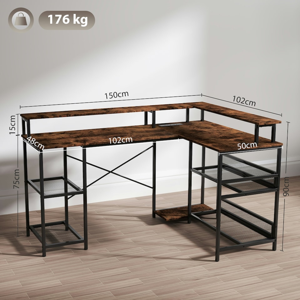 image 1 of HOMCOM L Shaped Gaming Desk w/ LED Lights and Power Outlets for Small Space