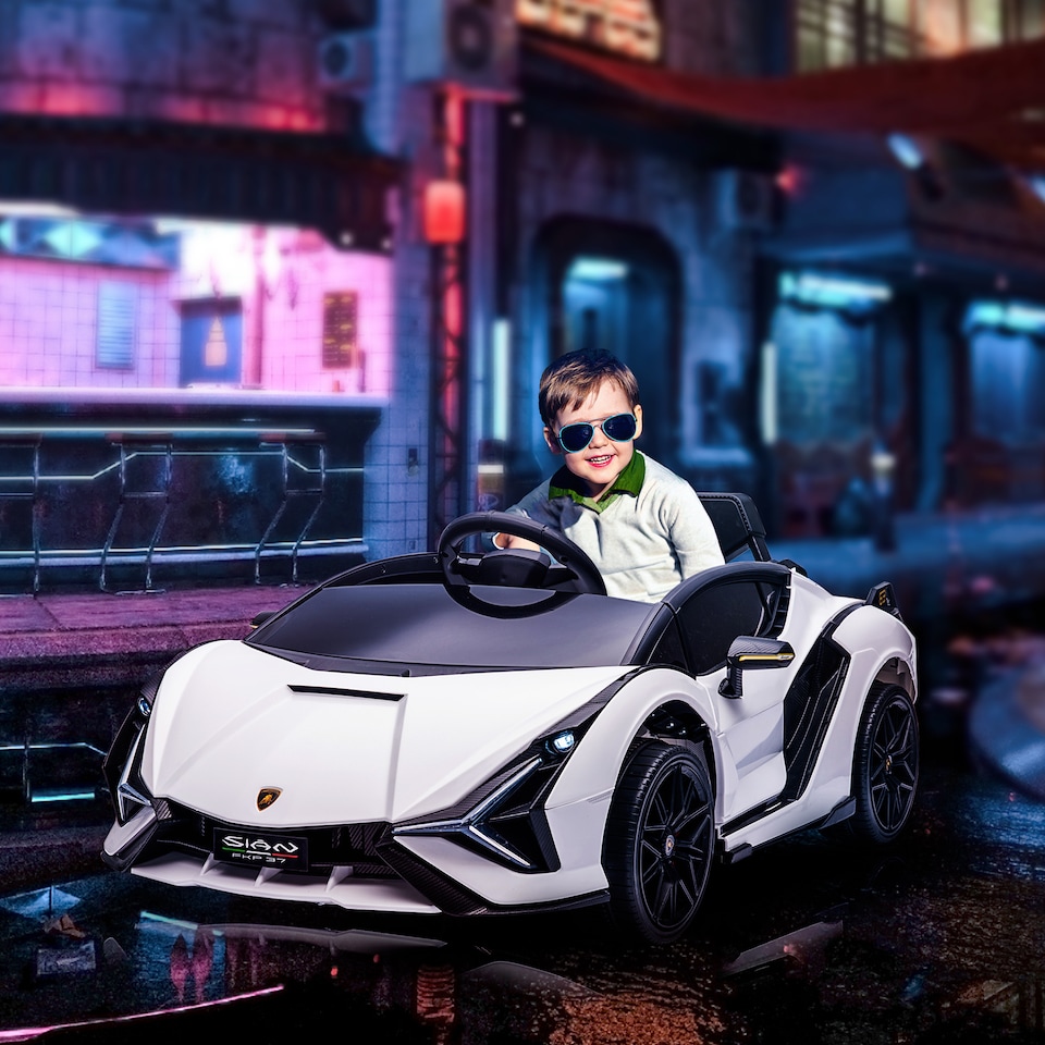 image 1 of HOMCOM Lamborghini Sian Licensed 12V Electric Car for Kids 2 Motors Toy Car with Remote Control Music Lights MP3 for 3-5 Years White