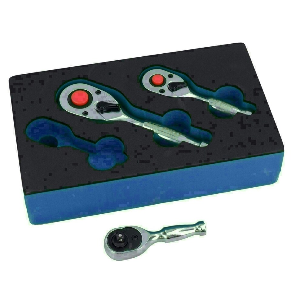 image 1 of 1/4in 3/8in and 1/2in Drive Stubby Headed Ratchet Socket Driver 90 Teeth 3pc