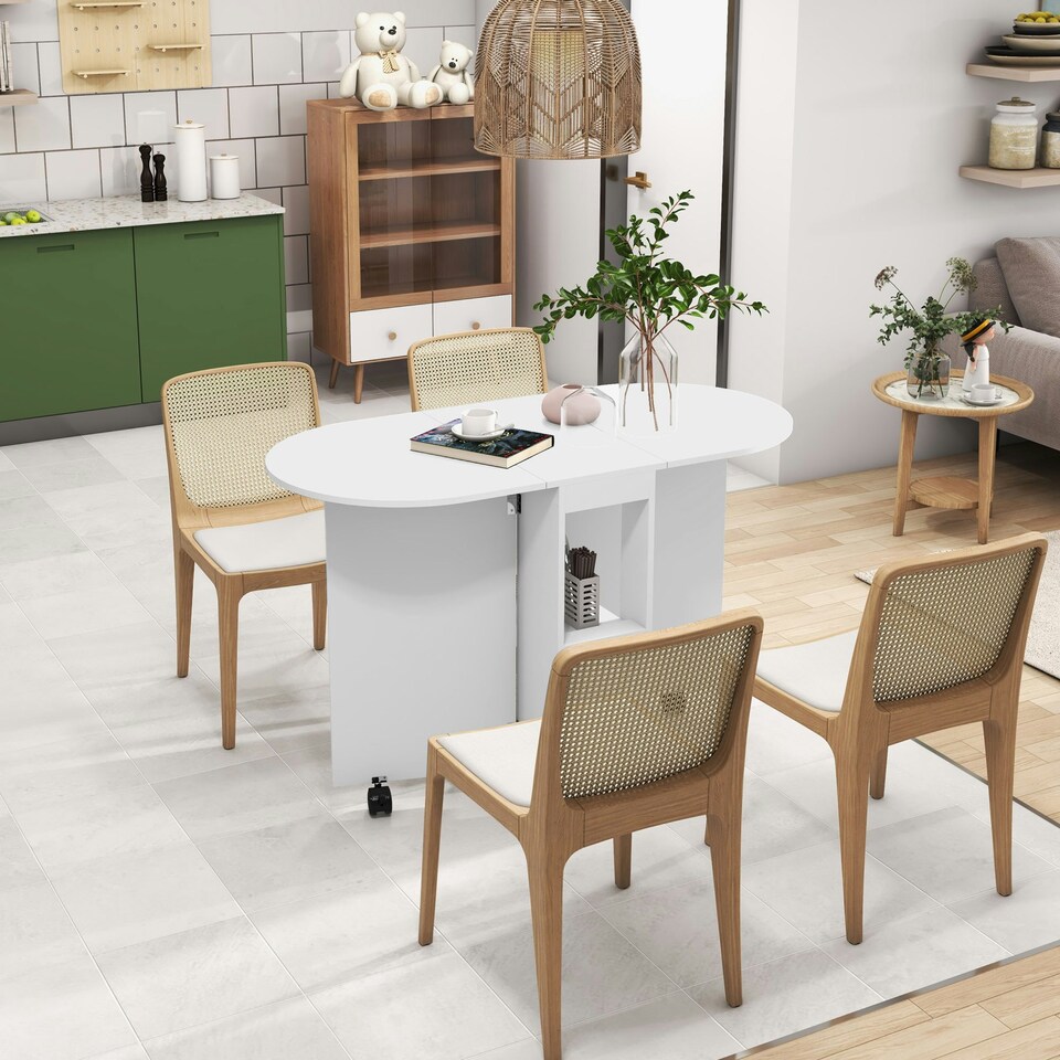 image 1 of HOMCOM Folding Dining Table for Small Spaces with 2-tier Shelves White