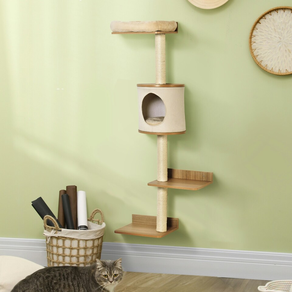 image 1 of PawHut Wall Mounted Cat Tree for Indoor Cats with Scratch Post Oak Beige